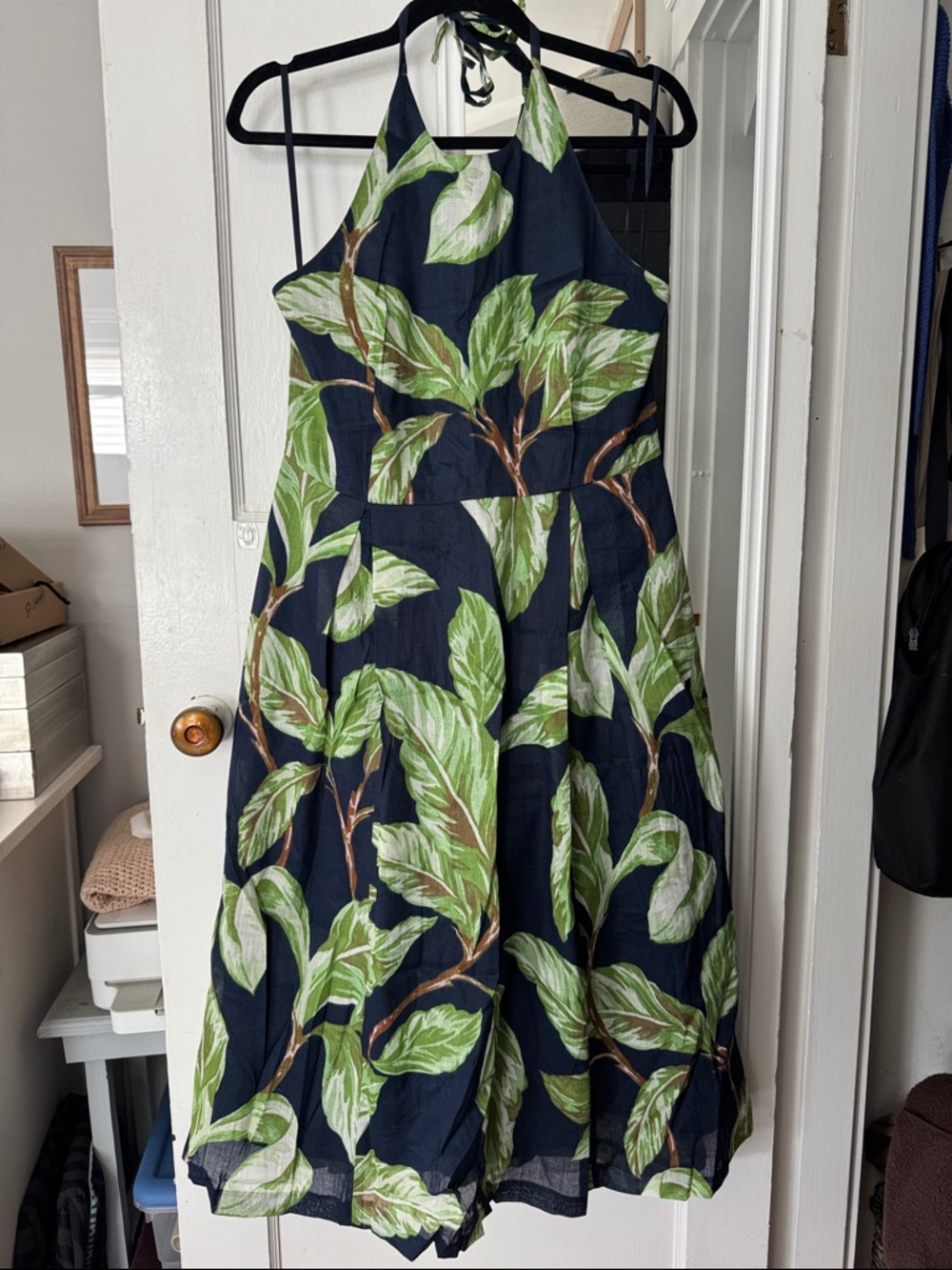 Ann Taylor Factory Navy Halter Midi Dress with Green Leaf Print